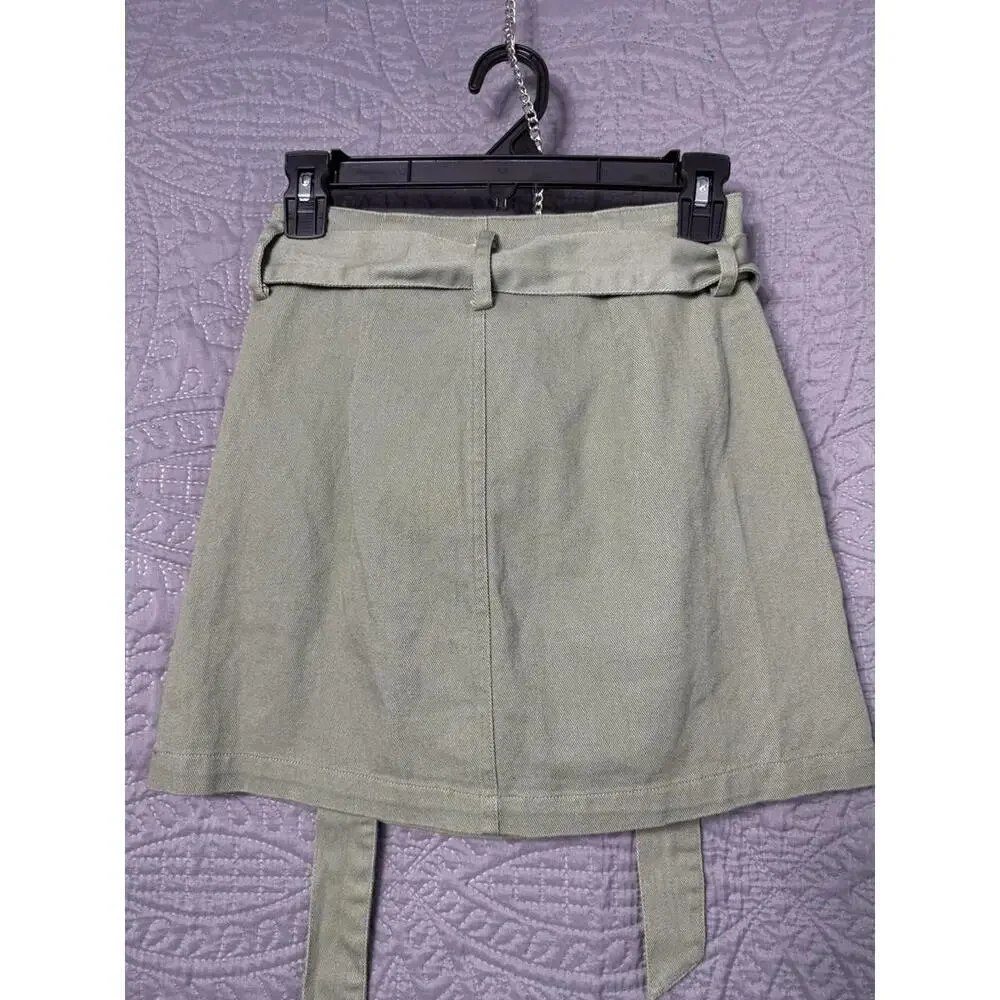 Harper Heritage Mini Skirt Sz XS Green Denim Cotton Belt Bow Pockets Boho Belted